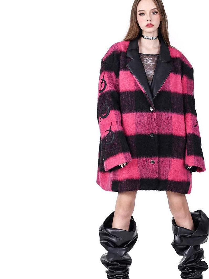 PINKSPINK Black Pink Check Leather Embroidery Padded Shoulder Women's Casual Jackets