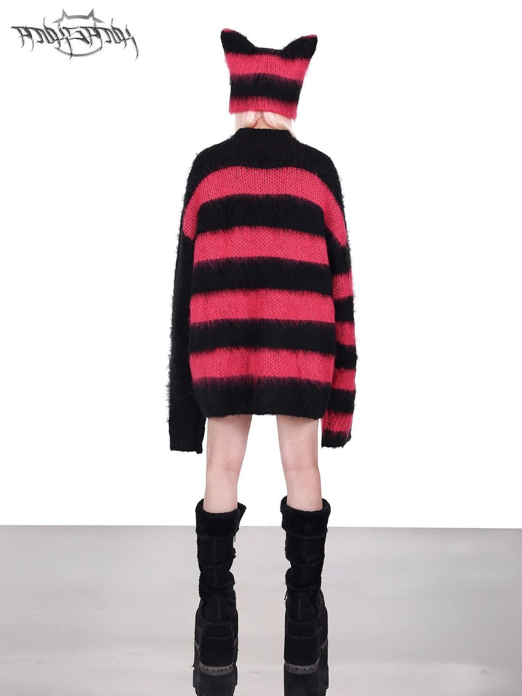 PINKSPINK Black Pink Clash Striped Punk Rock Loose Women's Acrylic Blend Pullover Sweaters