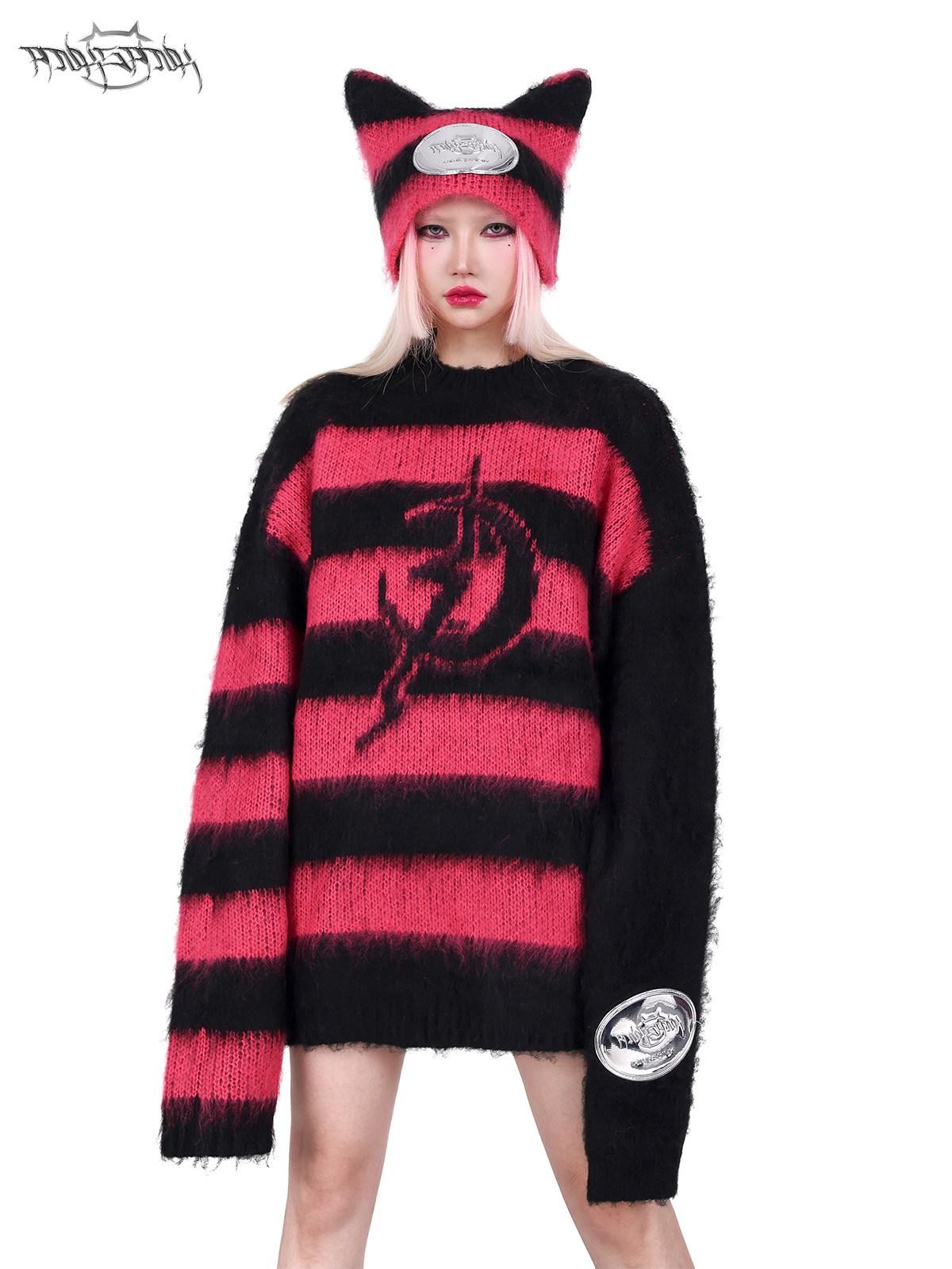 PINKSPINK Black Pink Clash Striped Punk Rock Loose Women's Acrylic Blend Pullover Sweaters