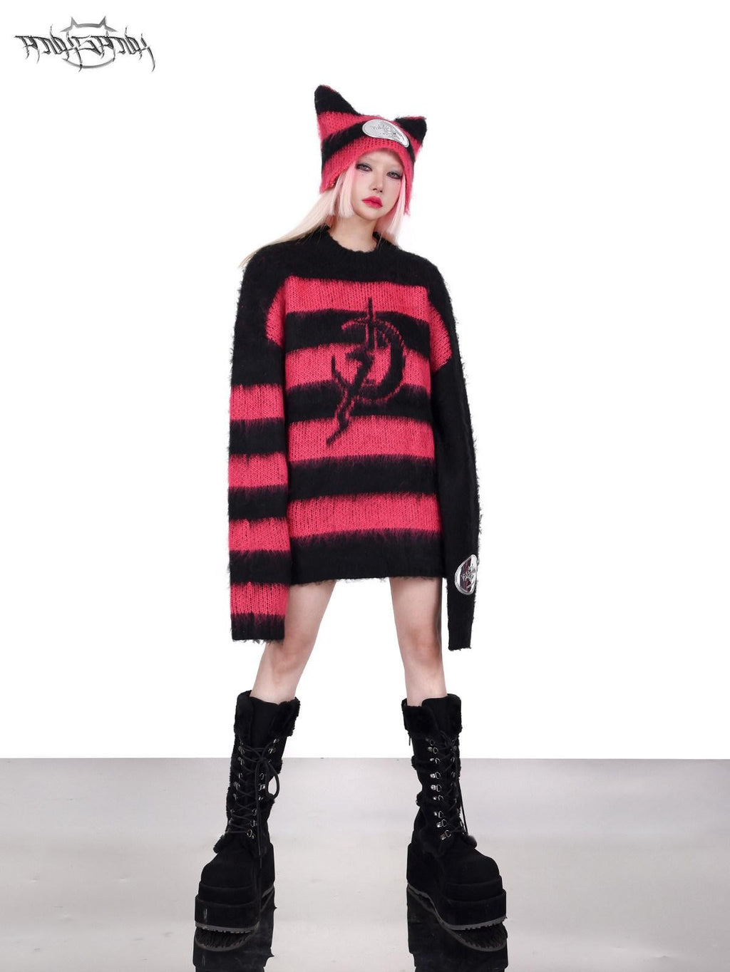 PINKSPINK Black Pink Clash Striped Punk Rock Loose Women's Acrylic Blend Pullover Sweaters