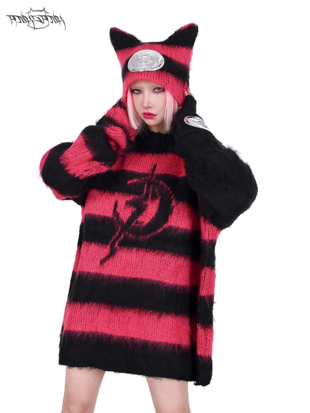 PINKSPINK Black Pink Clash Striped Punk Rock Loose Women's Acrylic Blend Pullover Sweaters