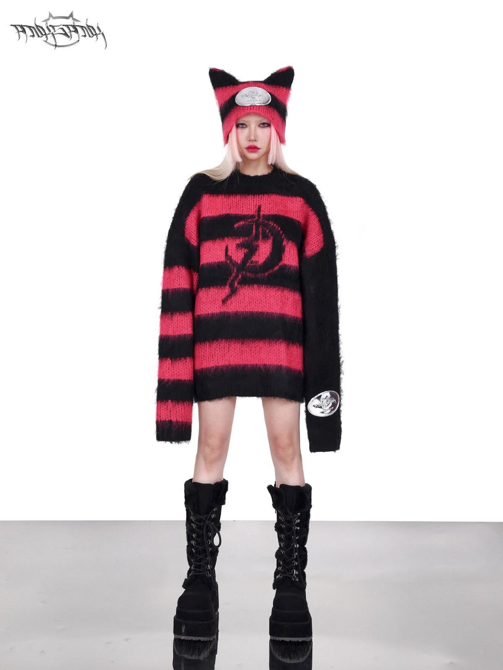PINKSPINK Black Pink Clash Striped Punk Rock Loose Women's Acrylic Blend Pullover Sweaters