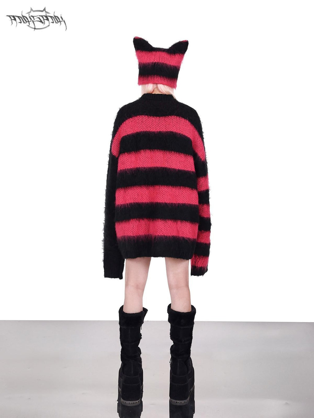 PINKSPINK Black Pink Clash Striped Punk Rock Loose Women's Acrylic Blend Pullover Sweaters