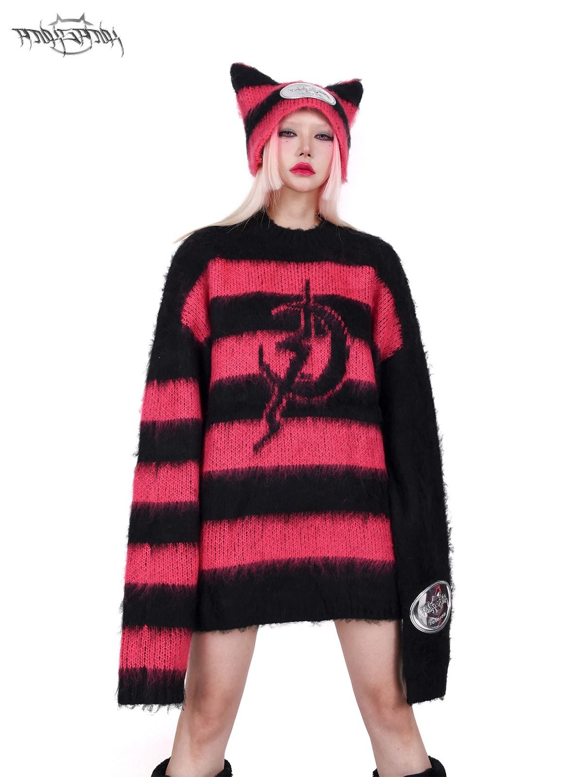 PINKSPINK Black Pink Clash Striped Punk Rock Loose Women's Acrylic Blend Pullover Sweaters