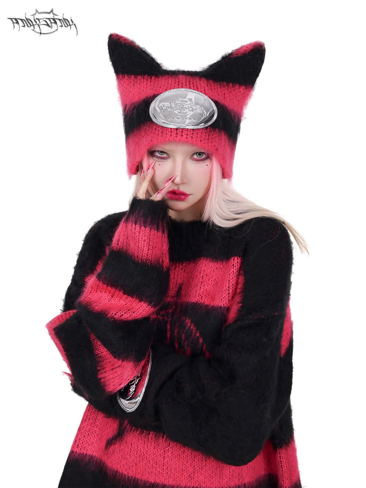 PINKSPINK Black Pink Clash Striped Punk Rock Loose Women's Acrylic Blend Pullover Sweaters