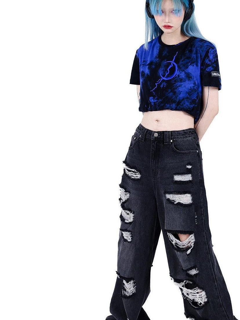 PINKSPINK Black Pink Contrast Embroidered Tie Dye Double Layer Women's Crop Tops