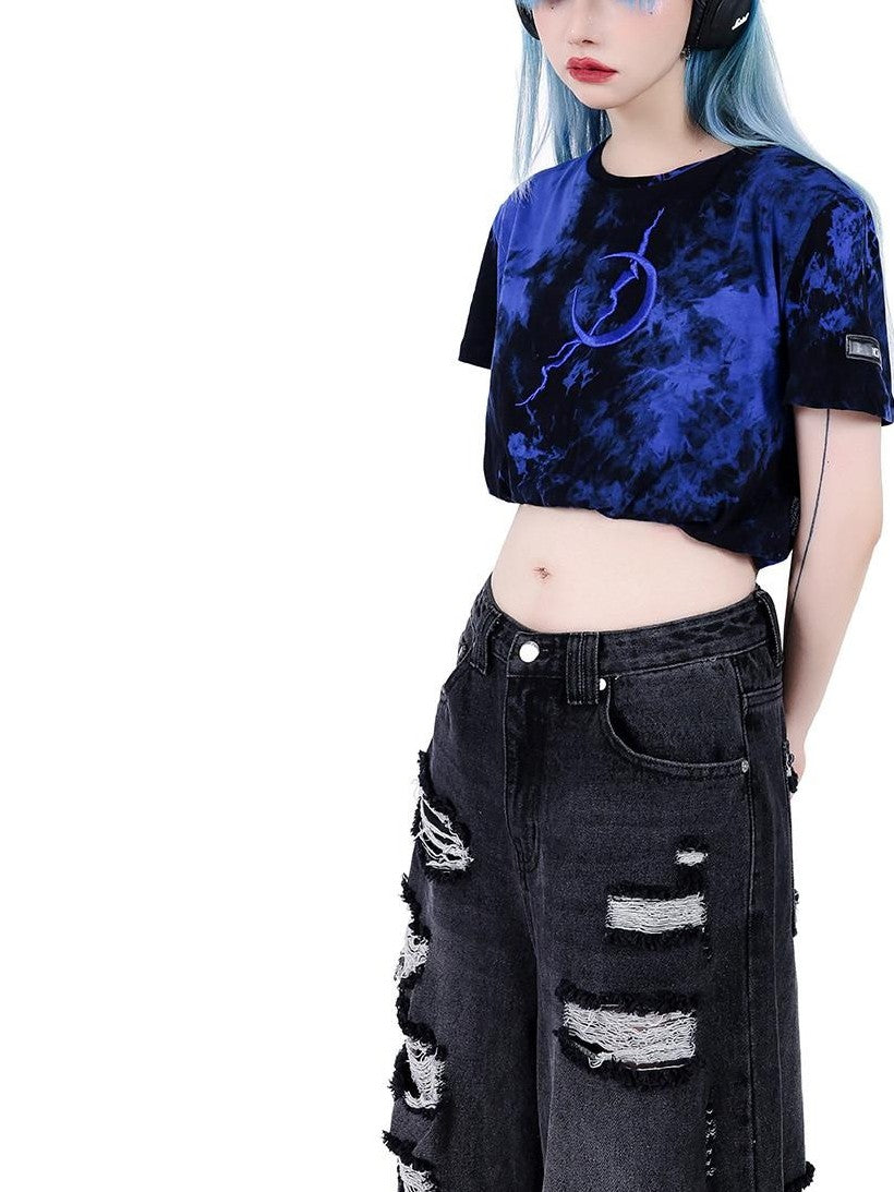 PINKSPINK Black Pink Contrast Embroidered Tie Dye Double Layer Women's Crop Tops