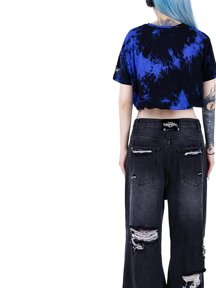 PINKSPINK Black Pink Contrast Embroidered Tie Dye Double Layer Women's Crop Tops