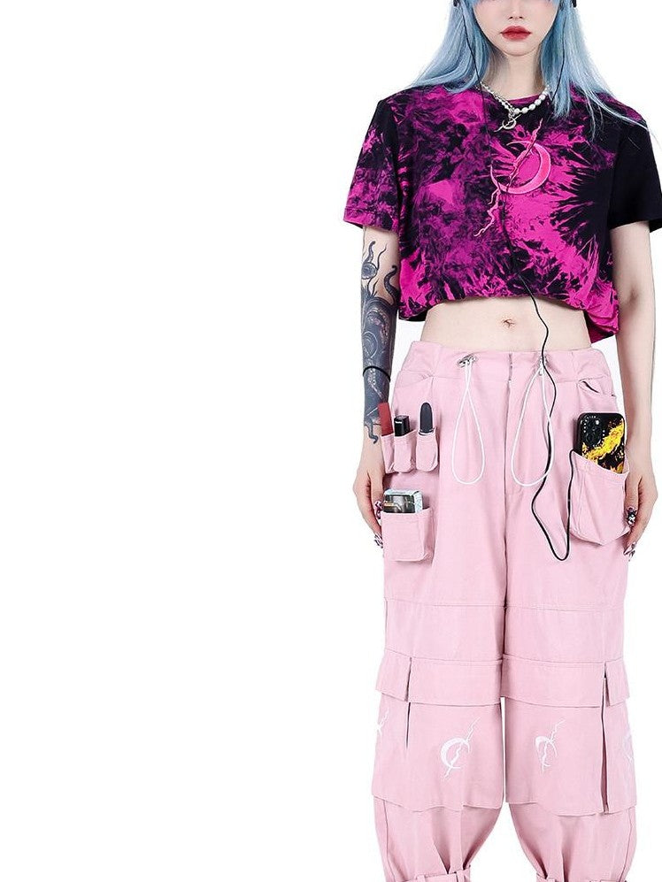 PINKSPINK Black Pink Contrast Embroidered Tie Dye Double Layer Women's Crop Tops