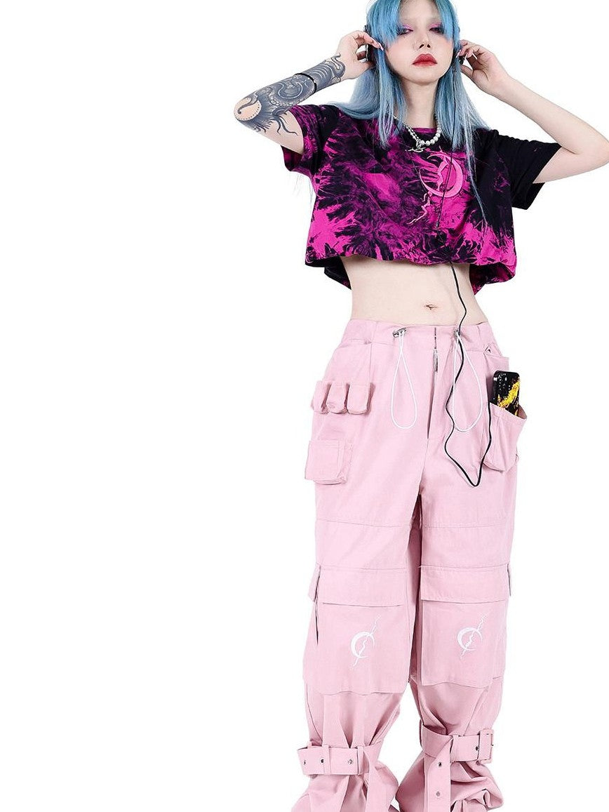 PINKSPINK Black Pink Contrast Embroidered Tie Dye Double Layer Women's Crop Tops