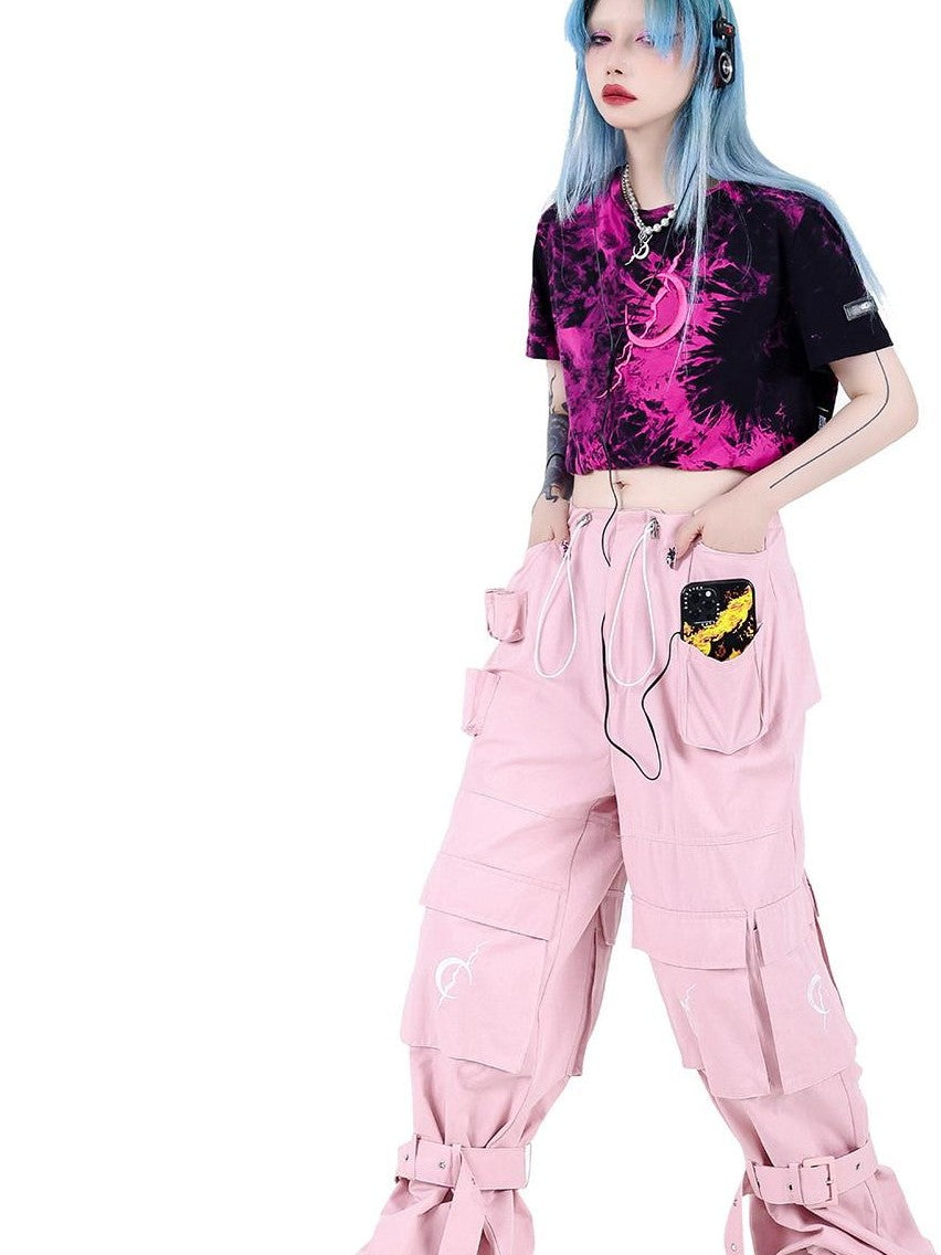 PINKSPINK Black Pink Contrast Embroidered Tie Dye Double Layer Women's Crop Tops