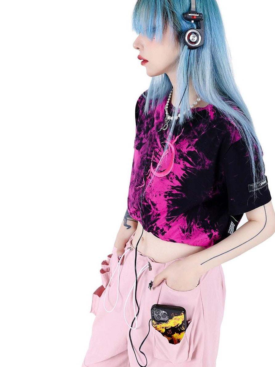 PINKSPINK Black Pink Contrast Embroidered Tie Dye Double Layer Women's Crop Tops