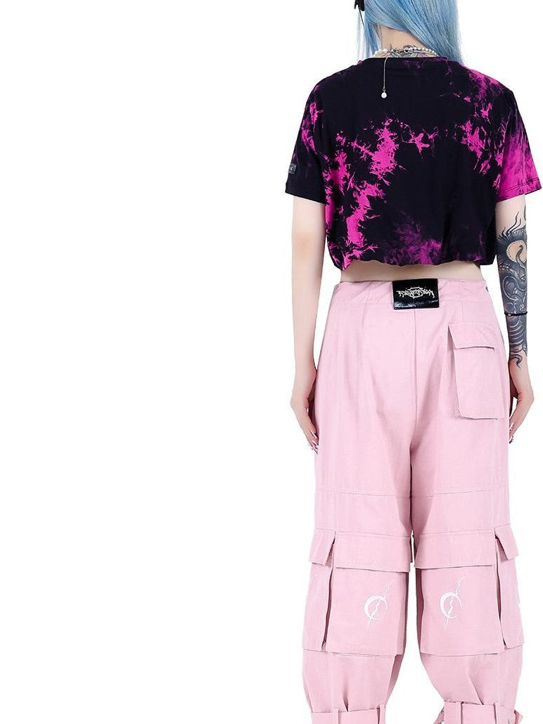 PINKSPINK Black Pink Contrast Embroidered Tie Dye Double Layer Women's Crop Tops