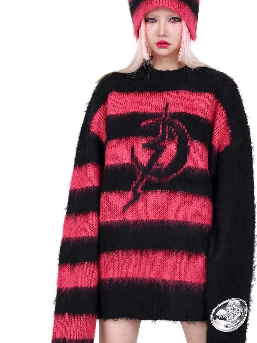 PINKSPINK Black Pink Contrast Stripe Punk Rock Women's Acrylic Blend Pullover Sweaters
