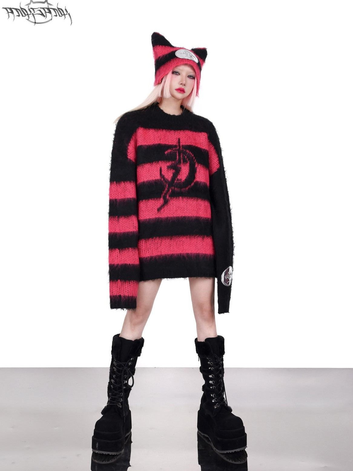 PINKSPINK Black Pink Contrast Stripe Punk Rock Women's Acrylic Blend Pullover Sweaters