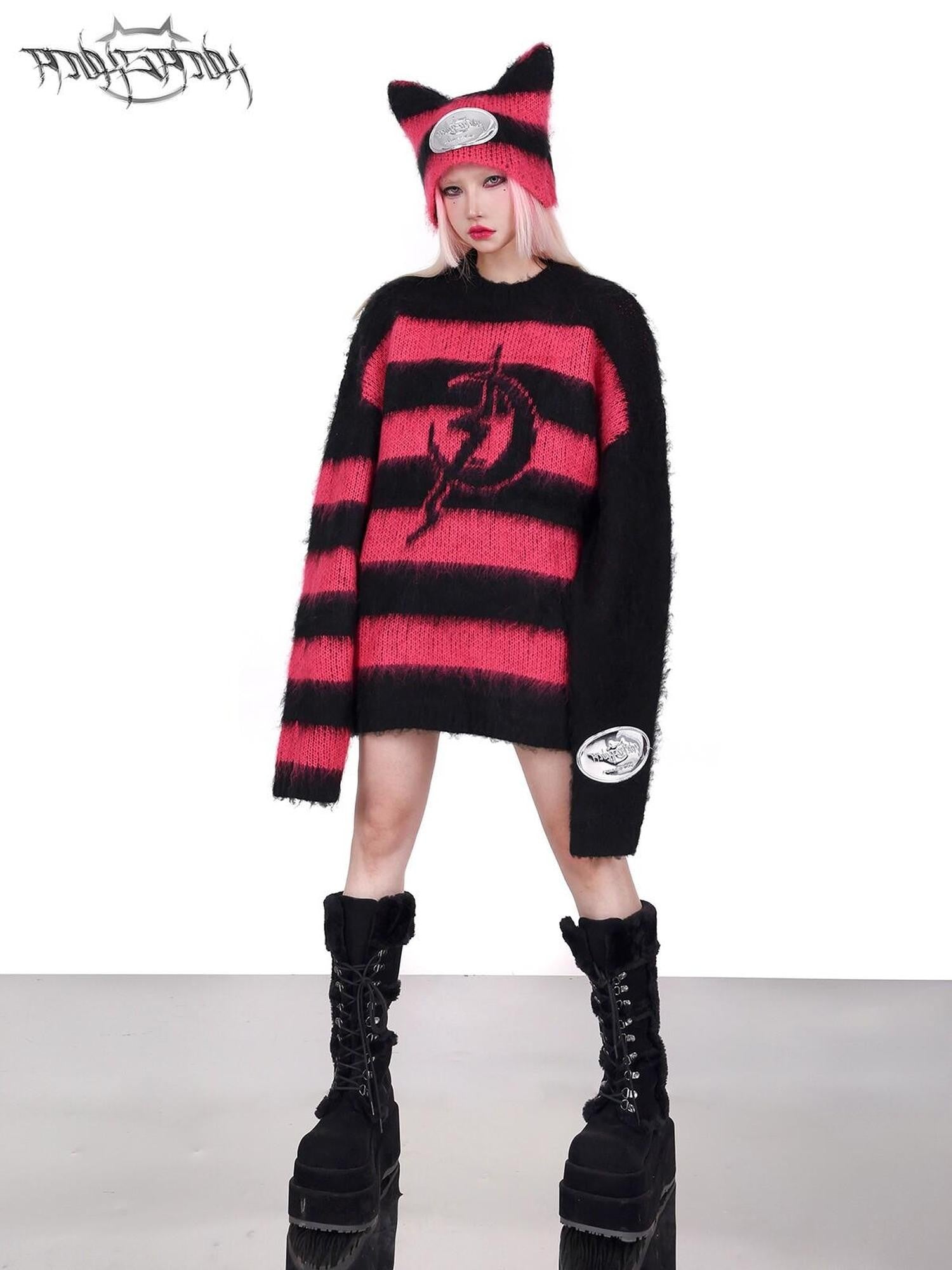 PINKSPINK Black Pink Contrast Stripe Punk Rock Women's Acrylic Blend Pullover Sweaters