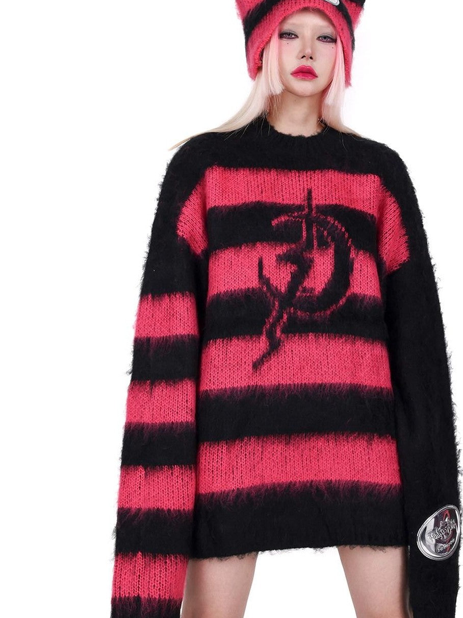 PINKSPINK Black Pink Contrast Stripe Punk Rock Women's Acrylic Blend Pullover Sweaters
