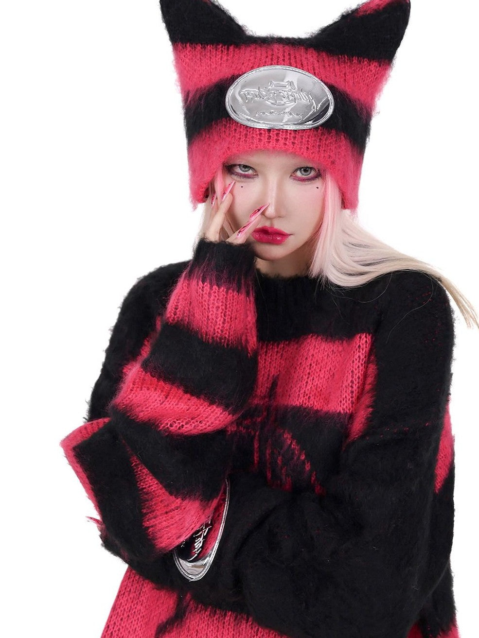 PINKSPINK Black Pink Contrast Stripe Punk Rock Women's Acrylic Blend Pullover Sweaters