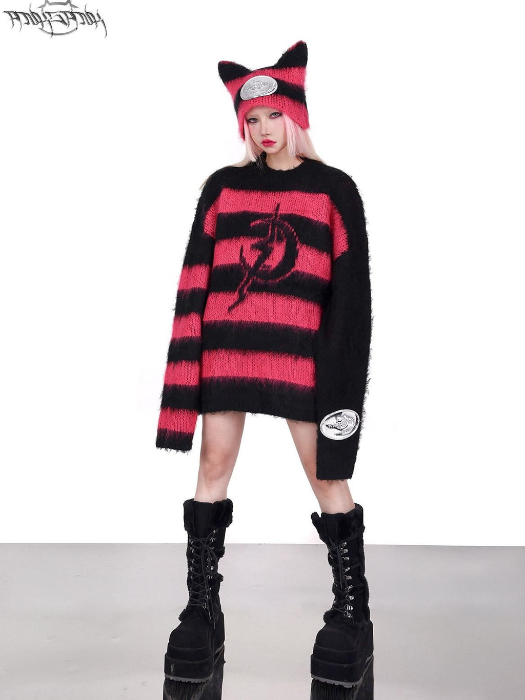 PINKSPINK Black Pink Contrast Stripe Punk Rock Women's Acrylic Blend Pullover Sweaters