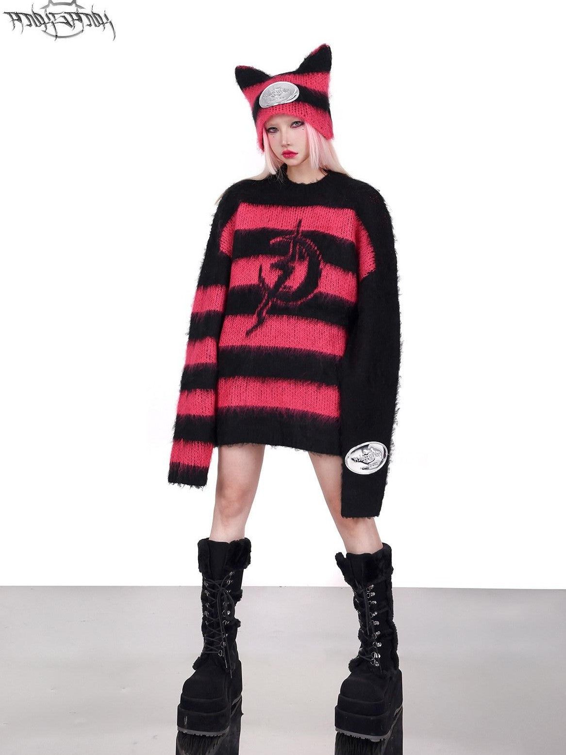 PINKSPINK Black Pink Contrast Stripe Punk Rock Women's Acrylic Blend Pullover Sweaters