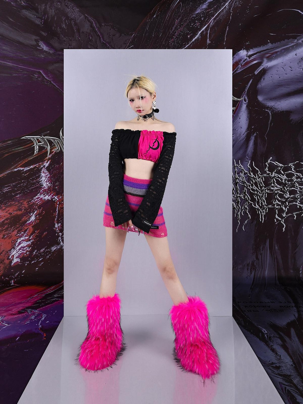 PINKSPINK Black Pink Mesh Embroidered Ripped Off Shoulder Women's Long Sleeve T-shirts