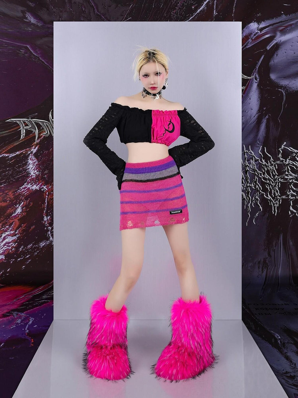 PINKSPINK Black Pink Mesh Embroidered Ripped Off Shoulder Women's Long Sleeve T-shirts