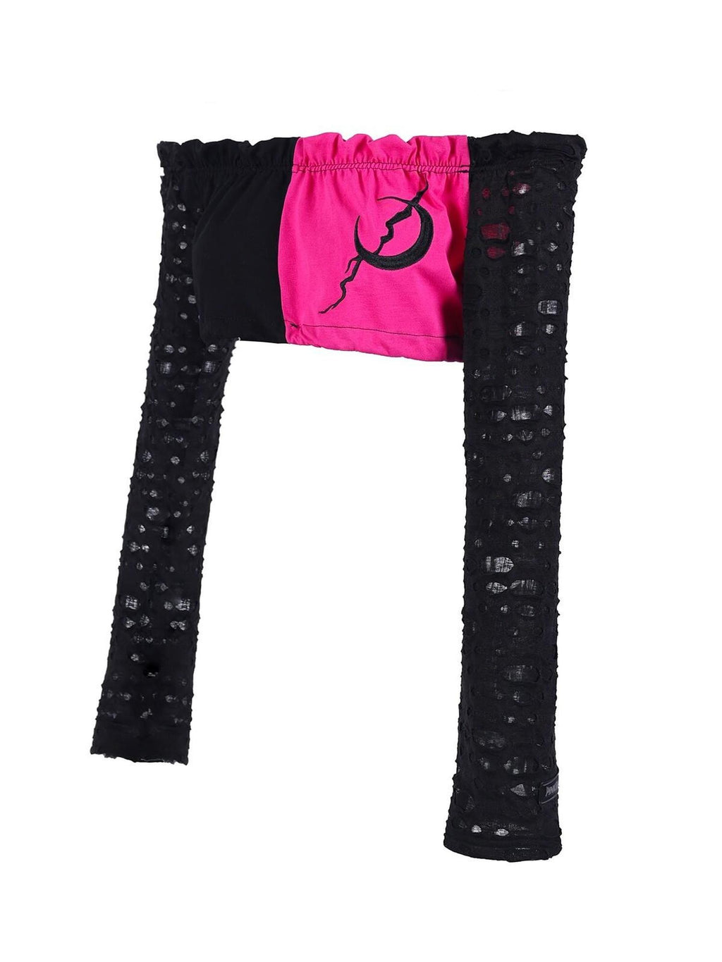 PINKSPINK Black Pink Mesh Embroidered Ripped Off Shoulder Women's Long Sleeve T-shirts