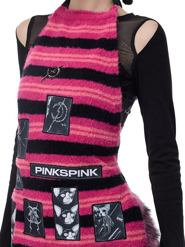 PINKSPINK Black Pink Striped Applique Distressed High Neck Women's Acrylic Sweaters