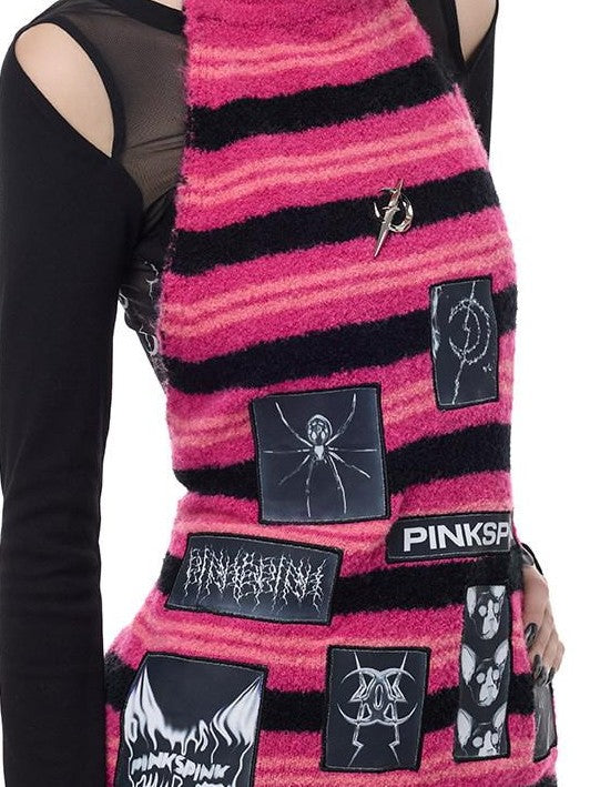 PINKSPINK Black Pink Striped Applique Distressed High Neck Women's Acrylic Sweaters