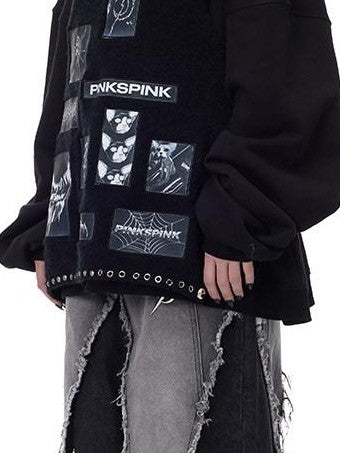 PINKSPINK Black Pink Striped Applique Distressed High Neck Women's Acrylic Sweaters