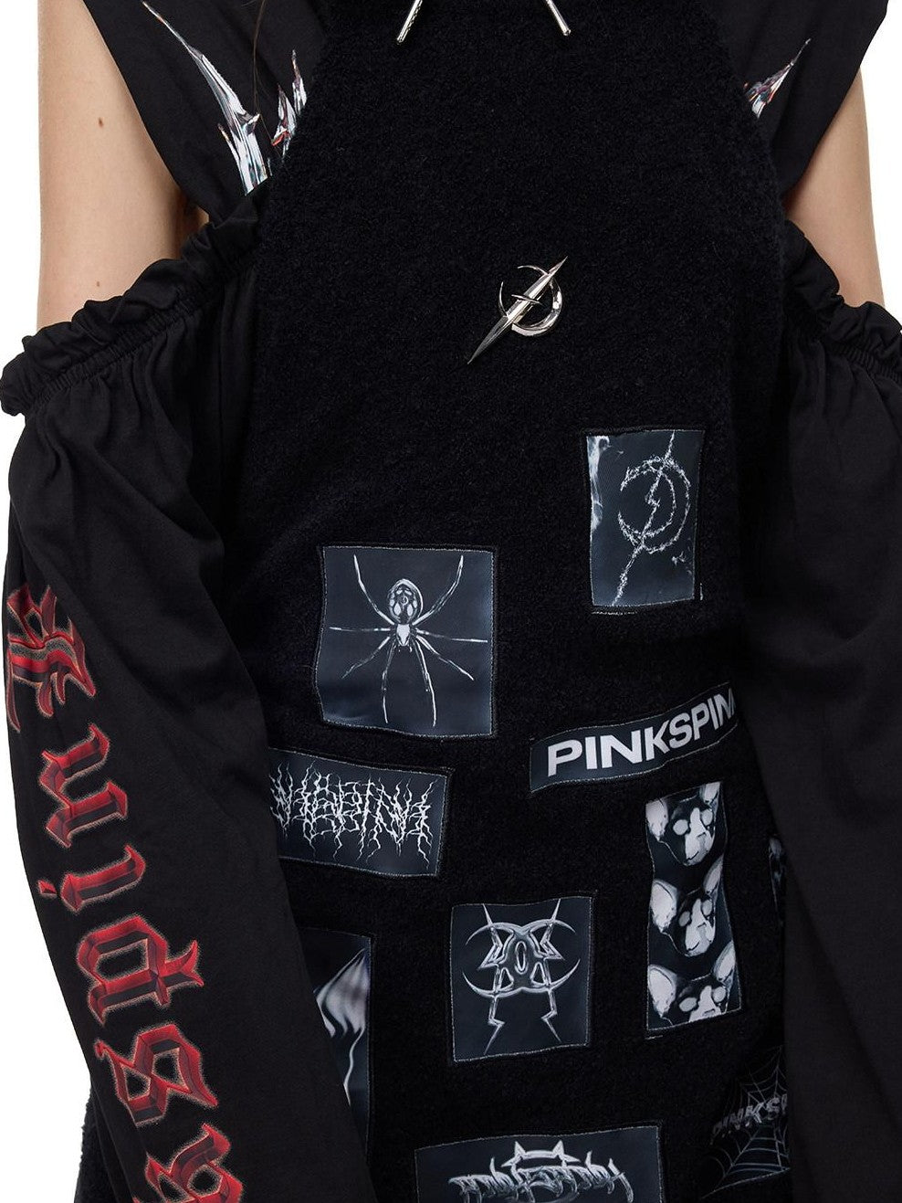 PINKSPINK Black Pink Striped Applique Distressed High Neck Women's Acrylic Sweaters