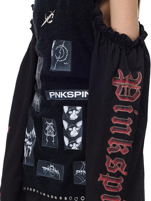 PINKSPINK Black Pink Striped Applique Distressed High Neck Women's Acrylic Sweaters