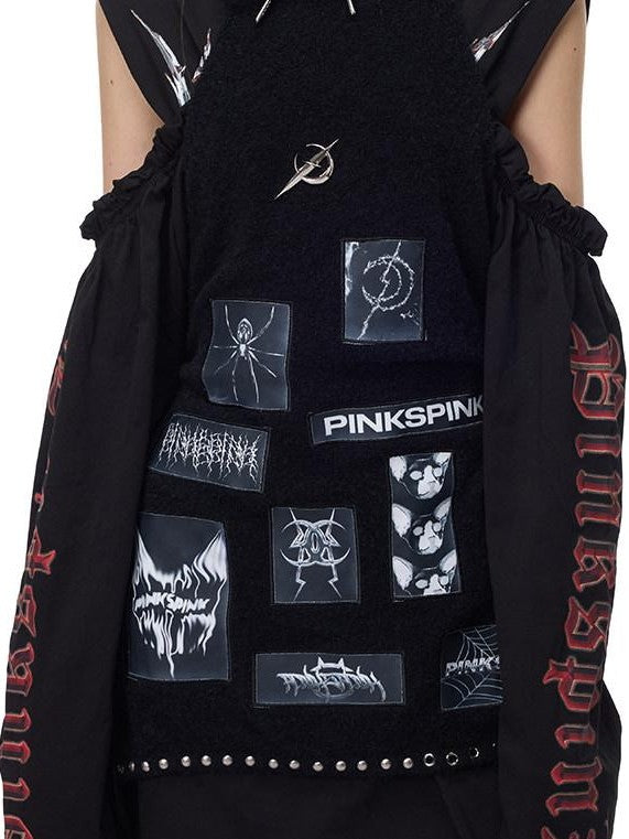 PINKSPINK Black Pink Striped Applique Distressed High Neck Women's Acrylic Sweaters