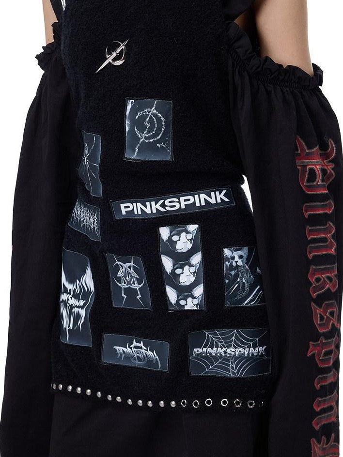 PINKSPINK Black Pink Striped Applique Distressed High Neck Women's Acrylic Sweaters