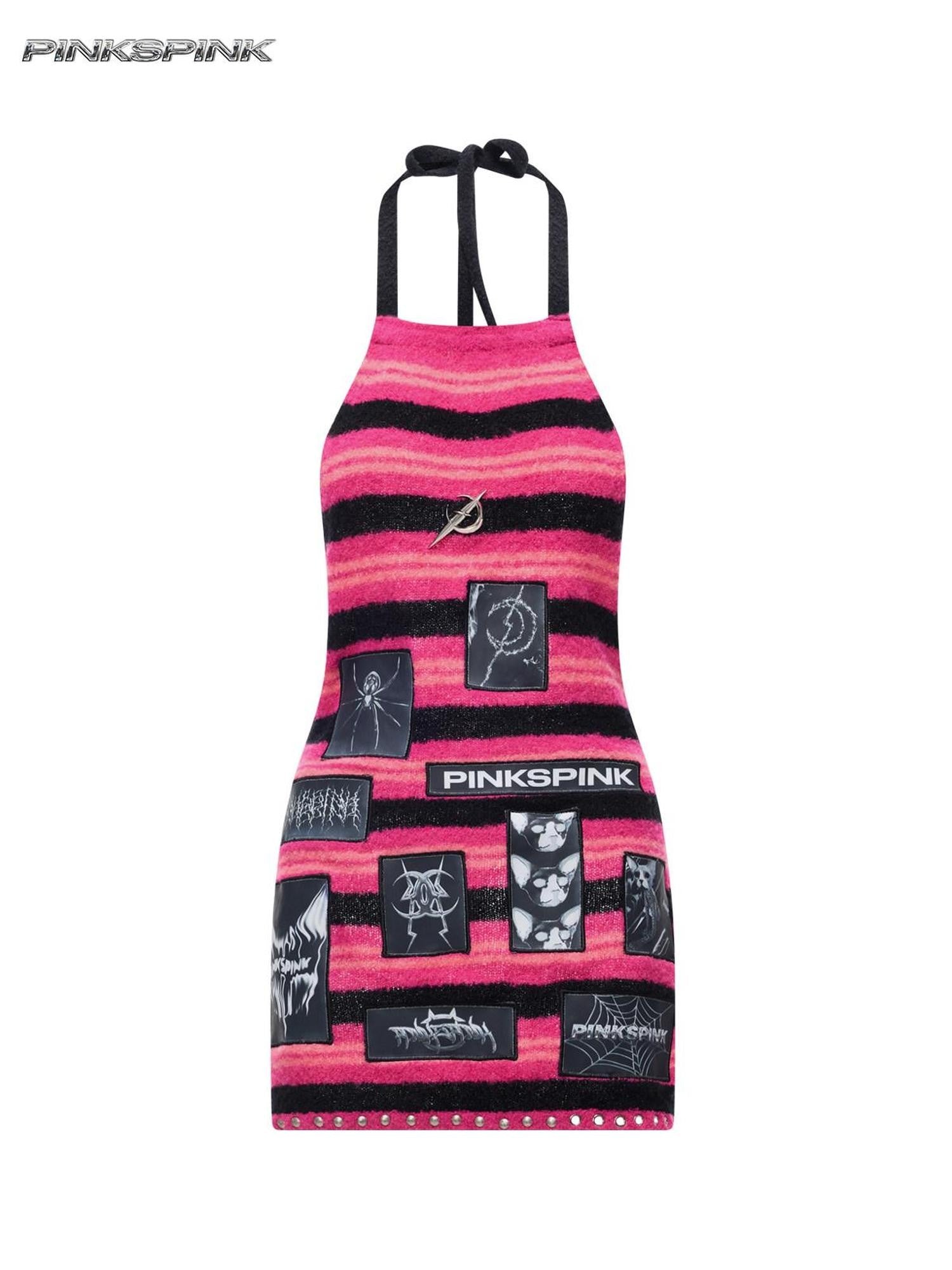 PINKSPINK Black Pink Striped Applique Distressed High Neck Women's Acrylic Sweaters