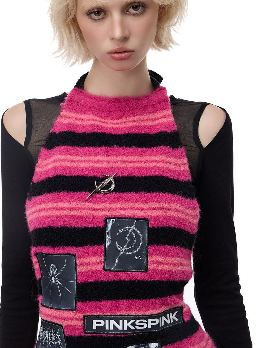 PINKSPINK Black Pink Striped Applique Distressed High Neck Women's Acrylic Sweaters