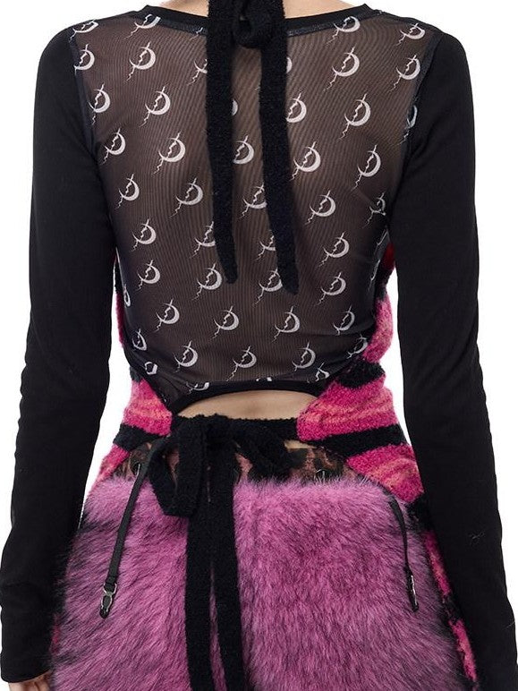 PINKSPINK Black Pink Striped Applique Distressed High Neck Women's Acrylic Sweaters