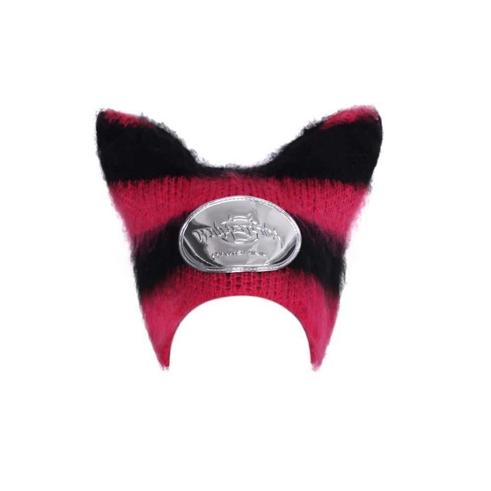 PINKSPINK_Black_Pink_Striped_Cat_Ear_Sphinx_Devil_Letter_Women's_Cotton_Beanies_753612562433_MISSTT