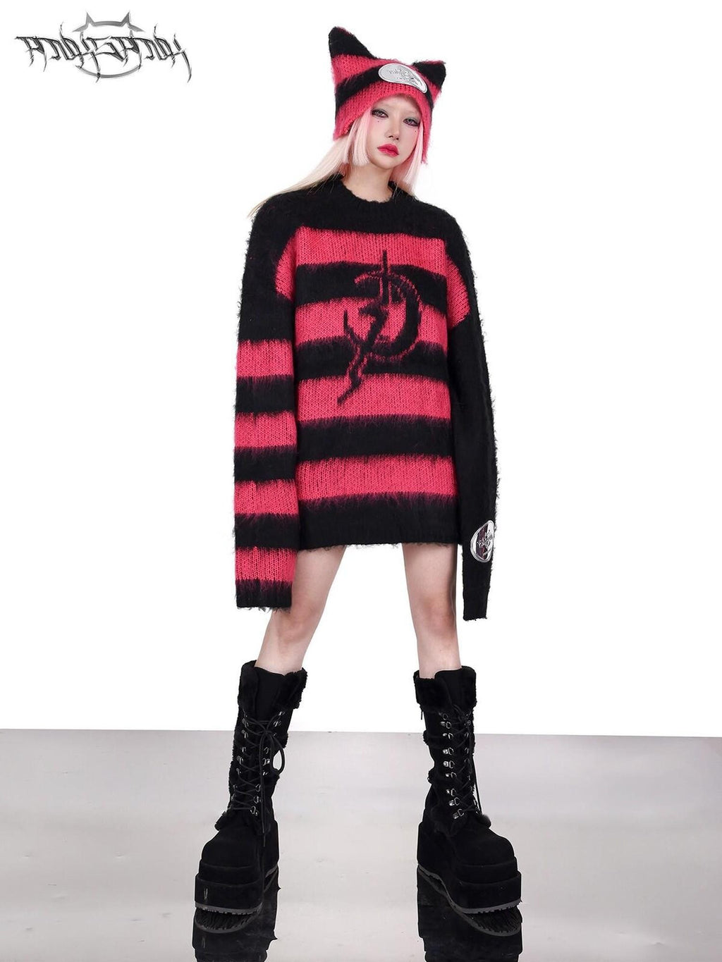 PINKSPINK Black Pink Striped Cat Ear Sphinx Devil Letter Women's Cotton Beanies
