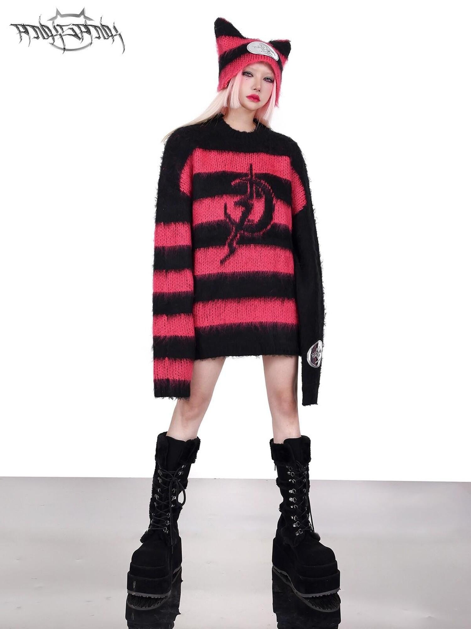 PINKSPINK Black Pink Striped Cat Ear Sphinx Devil Letter Women's Cotton Beanies