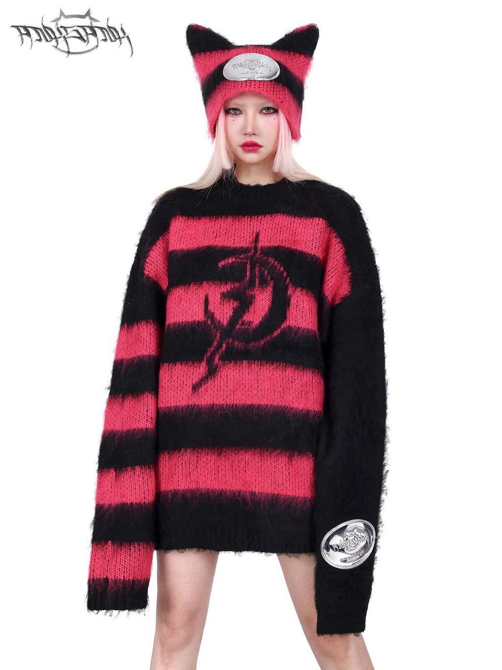 PINKSPINK Black Pink Striped Cat Ear Sphinx Devil Letter Women's Cotton Beanies