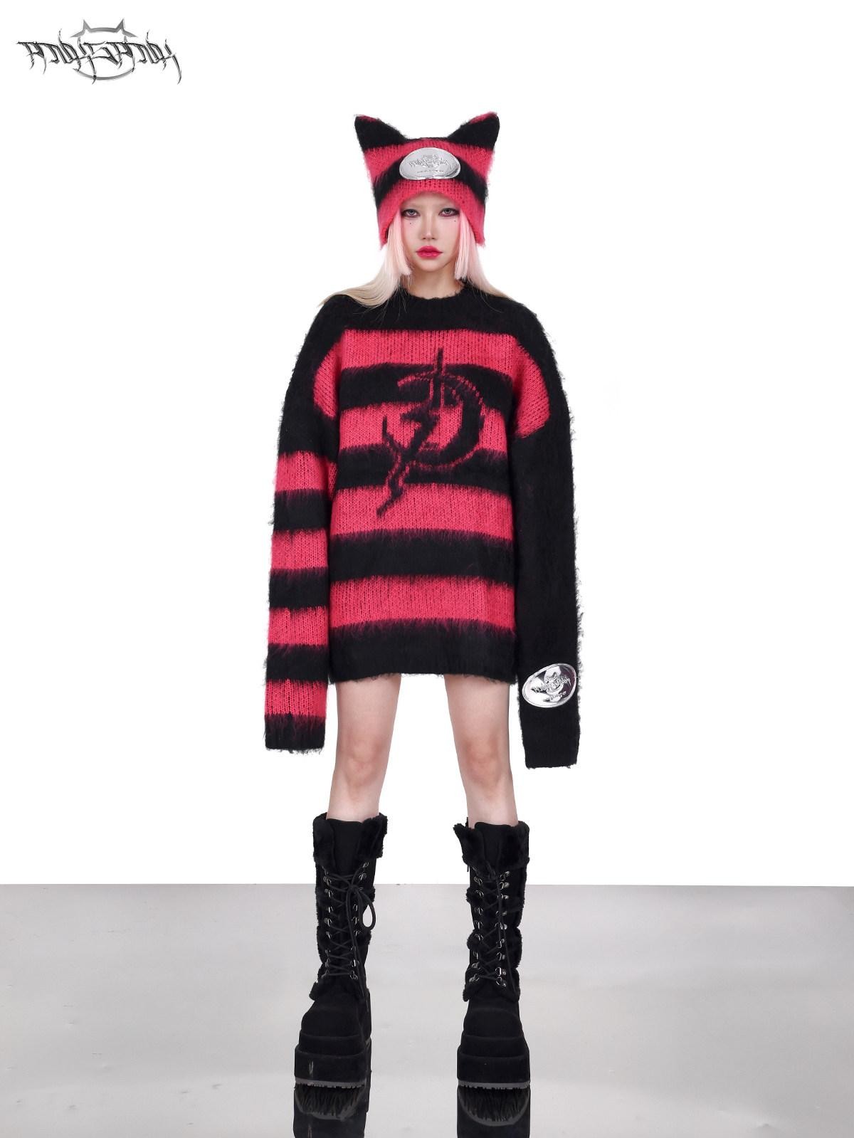 PINKSPINK Black Pink Striped Cat Ear Sphinx Devil Letter Women's Cotton Beanies