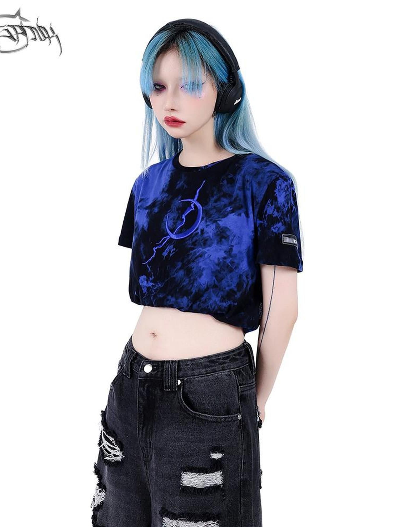 PINKSPINK Black Pink Tie Dye Embroidered Colorblock Double Layer Women's Crop Tops