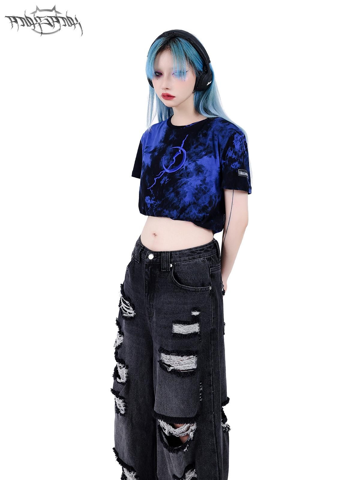 PINKSPINK Black Pink Tie Dye Embroidered Colorblock Double Layer Women's Crop Tops