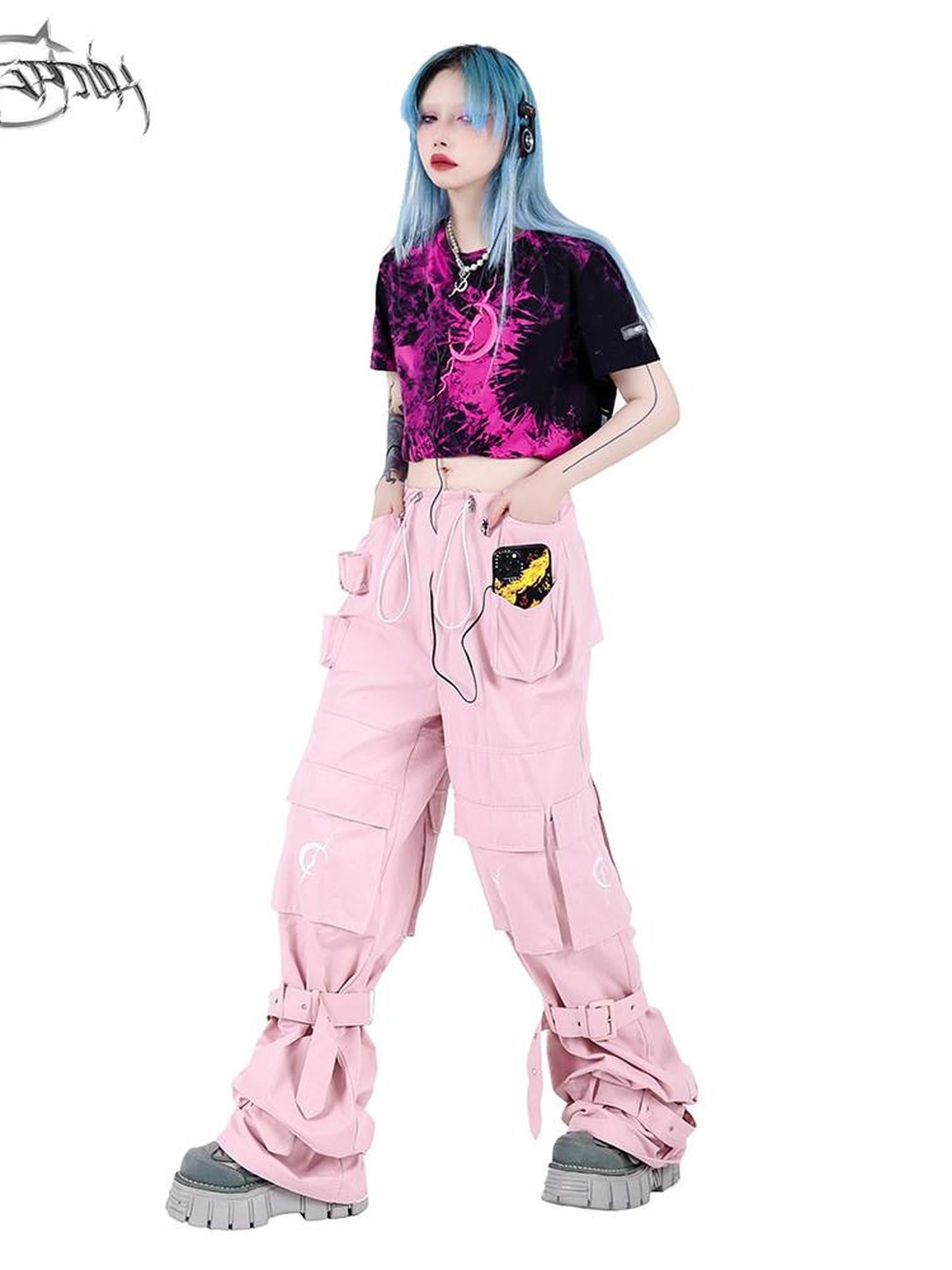 PINKSPINK Black Pink Tie Dye Embroidered Colorblock Double Layer Women's Crop Tops