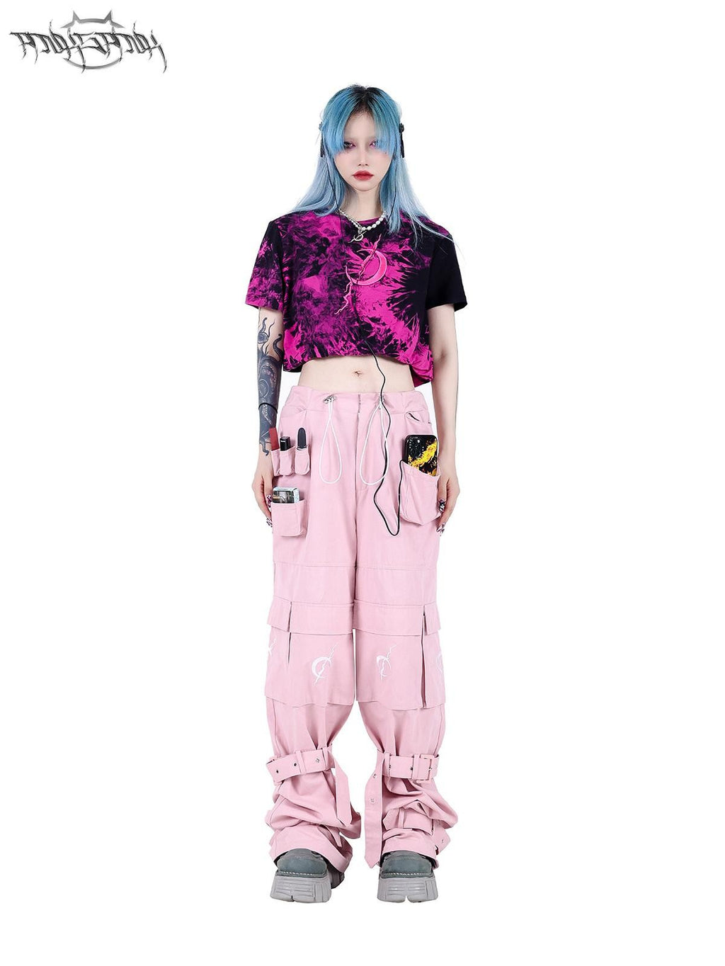 PINKSPINK Black Pink Tie Dye Embroidered Colorblock Double Layer Women's Crop Tops
