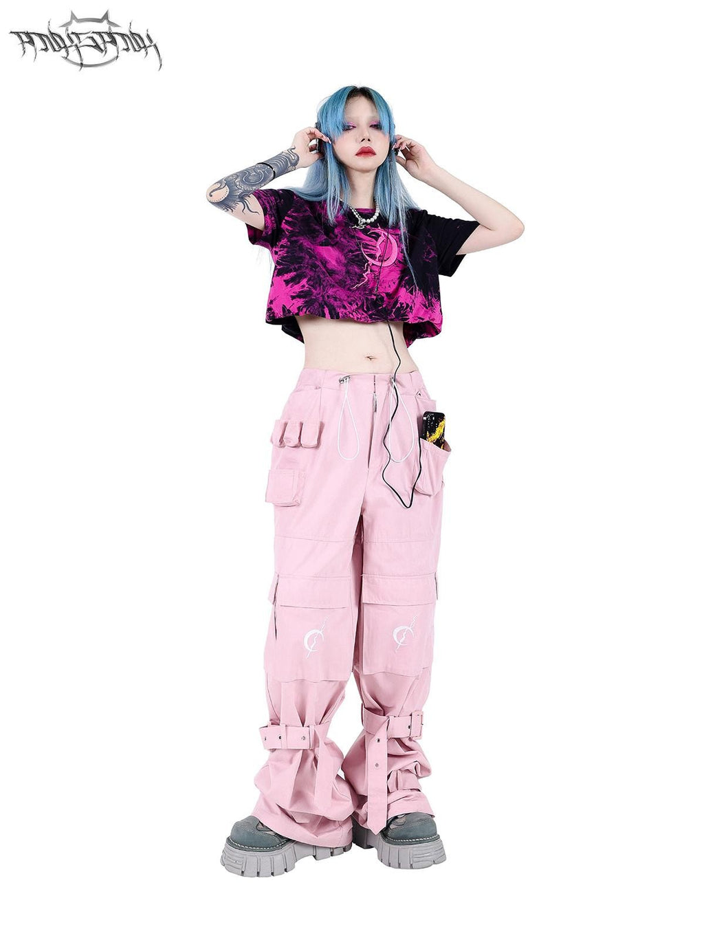 PINKSPINK Black Pink Tie Dye Embroidered Colorblock Double Layer Women's Crop Tops