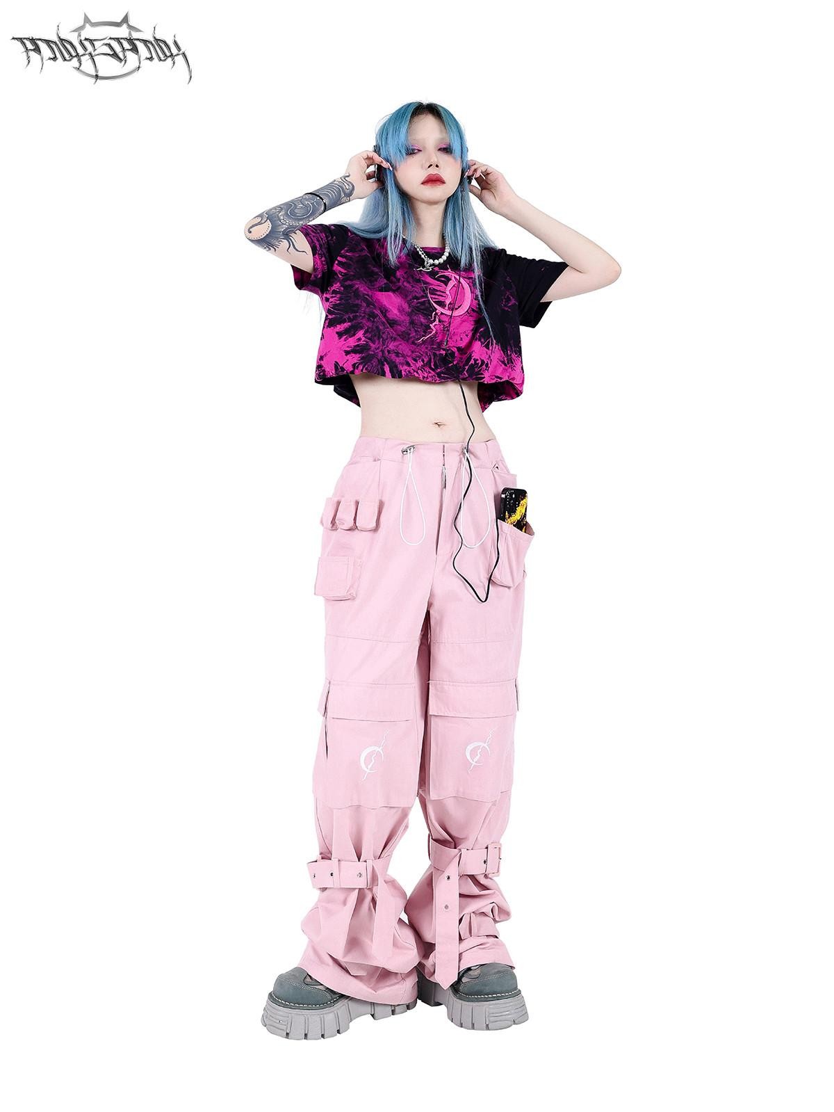 PINKSPINK Black Pink Tie Dye Embroidered Colorblock Double Layer Women's Crop Tops