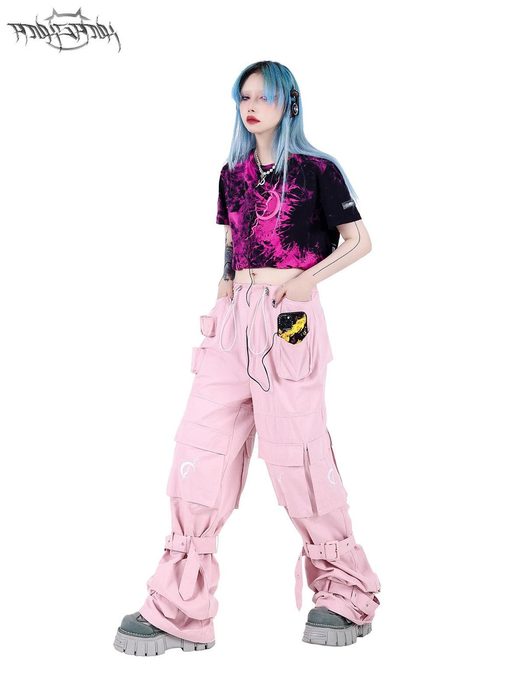 PINKSPINK Black Pink Tie Dye Embroidered Colorblock Double Layer Women's Crop Tops