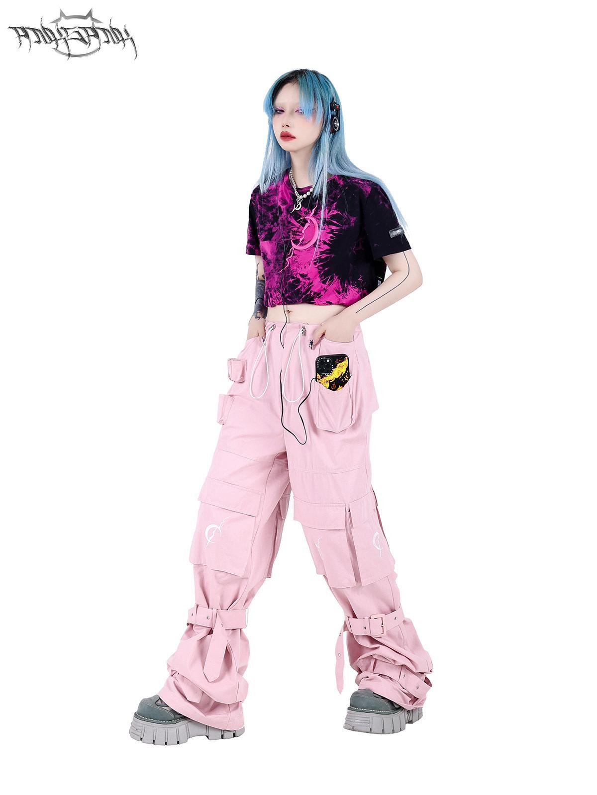 PINKSPINK Black Pink Tie Dye Embroidered Colorblock Double Layer Women's Crop Tops